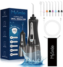 Load image into Gallery viewer, MySmile Powerful Cordless Water Flosser Portable Dental Oral Irrigator with 5 Modes OLED Display 8 Replaceable Jet Tips and 350 ML Detachable Water Tank for Home Travel Use (Black)
