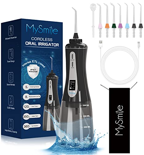 MySmile Powerful Cordless Water Flosser Portable Dental Oral Irrigator with 5 Modes OLED Display 8 Replaceable Jet Tips and 350 ML Detachable Water Tank for Home Travel Use (Black)