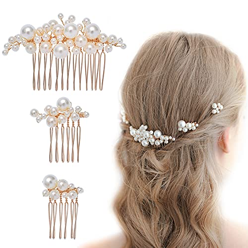 Bridal Pearl Hair Comb,Light Rose Gold Wedding Pearl Hair Accessories for Bride Bridesmaid,Handmade Pearl Hair Slides for Women