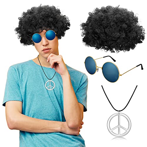 Dacitiery 3 Pcs Hippie Costume Set, Funky Afro Wig VintageSunglasses and Peace Sign Necklace Fancy Dress Hippy Accessories for60s/70s Theme Party( Black)