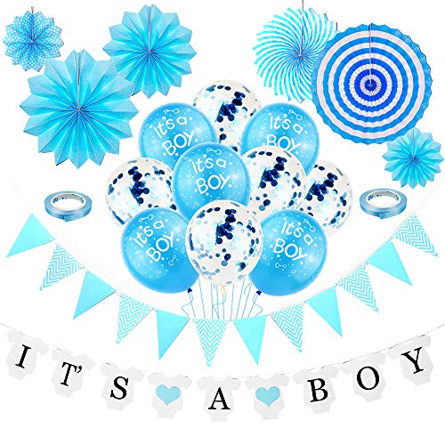 DOJoykey Baby Shower Party Decoration, IT’S A BOY Banner and Latex Balloons, Blue Bunting, 6pcs Paper Fans, 5pcs Balloons with Inner Confetti for Baby Boy Party