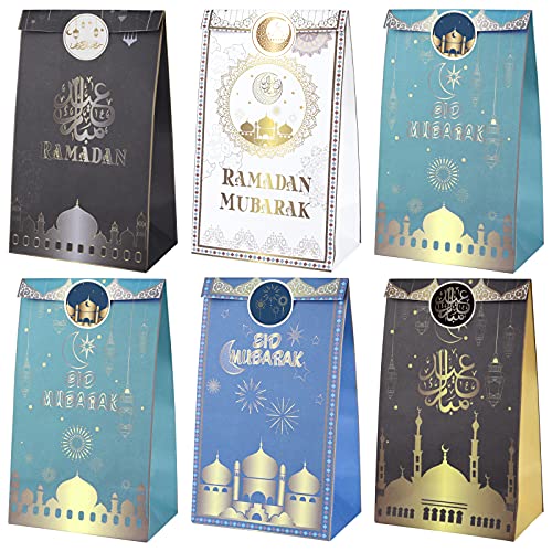 PLULON 12 Pieces Eid Mubarak Party Favor Bag with Stickers, Eid Mubarak Paper Bags, Eid Sweet Candy Gift Bags for Eid Muslim Ramadan Mubarak Decorations Supplies 2021
