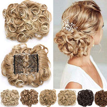 Load image into Gallery viewer, Short Combs Messy Curly Wavy Hair Extensions Bun Piece Up Do Drawstring Ponytail Clip in Comb Hair Extensions Chignon Chestnut Brown Mix Medium Bleach Blonde
