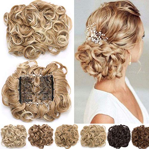 Short Combs Messy Curly Wavy Hair Extensions Bun Piece Up Do Drawstring Ponytail Clip in Comb Hair Extensions Chignon Chestnut Brown Mix Medium Bleach Blonde