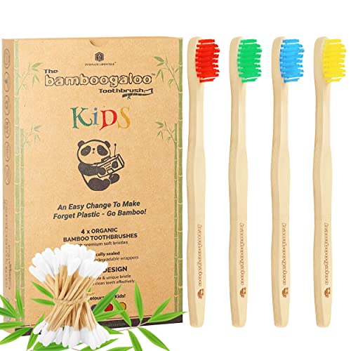 BAMBOOGALOO Kids Bamboo Toothbrush Set - 4 Pack Organic Rainbow Kids Toothbrushes & Ultra-Soft Cotton Swabs - Bamboo Wooden Toothbrush with Soft & Gentle BPA-Free Bristles - Plastic-Free Packaging