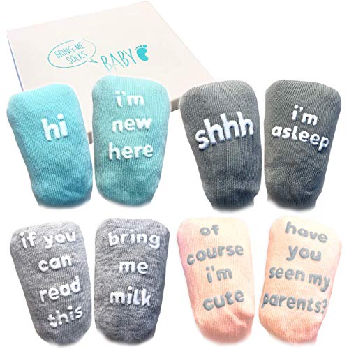 Baby Socks Gift Set - Unique Baby Shower or Newborn Gift - 4 Pairs of Cute Quotes in Gift Box, Various, 0 - 12 months