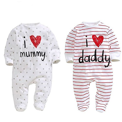 AOMOMO Unisex-Baby Clothes Newborn Footie I Love Mummy I Love Daddy Bodysuit 2 Pack (3 Month)