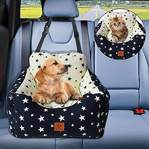 2 in 1 Dog Car Seat Washable and Stain Resistant Pet Booster Seat for Small and Medium Dogs Cats Super Soft PP Cotton Travel Safety Pet Car Seat with Storage Bag and Harness Strap (Navy Star)