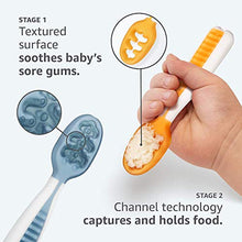 Load image into Gallery viewer, Baby Spoon Set (Stage 1 + Stage 2) | BPA Free Silicone Self Feeding Toddler Utensils | Pre-Spoon for Kids Ages 6 to 18 Months, 1-Pack, Two Spoons, Blue/Orange | NumNum GOOtensils
