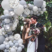 Load image into Gallery viewer, Silver Grey White Balloon Arch Kit - 105 Pcs - Easy to Assemble Helium Balloon Arch Kit with Accessories - White Confetti Birthday Decorations and Wedding Party and Kids Shower Party Balloon
