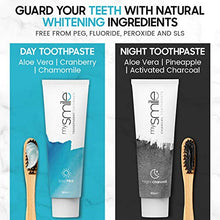 Load image into Gallery viewer, Day &amp; Night Teeth Whitening Kit - with 60ml Each Aloe Vera Toothpaste, Activated Charcoal Toothpaste &amp; 2 Bamboo Toothbrushes for Fresh Breath &amp; White Teeth - Vegan, Peroxide Free &amp; Enamel Safe
