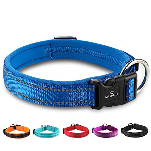 Reflective Dog Collars for Small Medium Large Dogs, Adjustable Nylon Dog Collar with Soft Neoprene Padding Breathable Durable Pet Collar, Navy Blue, M