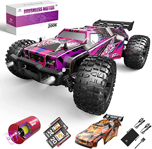DEERC 200E Large Brushless RC Cars for Adults 1:10 RC Trucks,60 KM/H High Speed 2021 Upgraded Remote Control Car,Extra Shell LED Headlight All Terrain Off Road Monster Truck for Boys,2 Battery 40+ Min
