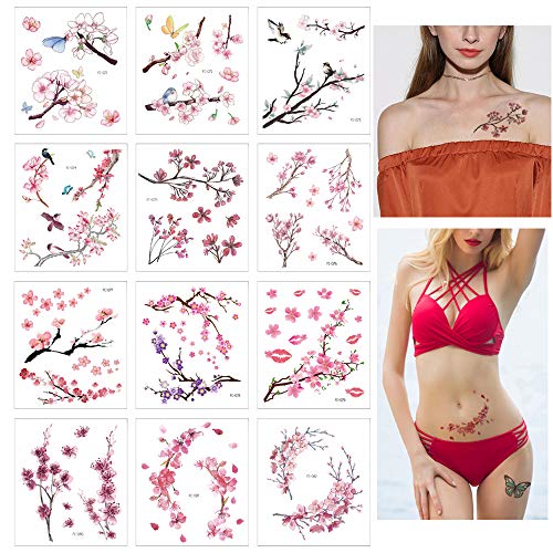 12 Sheets Cherry Blossoms Temporary Tattoo Sticker for Women Body Art in Spring Summer