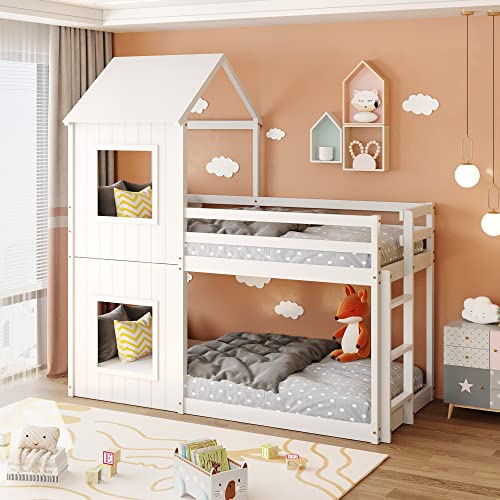 3FT Treehouse Bunk bed, Cabin Bed Frame, Mid-Sleeper with Treehouse Canopy & Ladder, Idea for Any Room, Suitable for Teens Kids, White, 2021 New【UK IN STOCK】