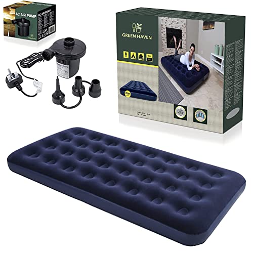 GREEN HAVEN Single Blow up Camping bed + AC Electric Air pump | Waterproof Single Airbed Inflatable Mattress | Camping Electric Pump for Inflatables with 3 Nozzles | Quick Inflatable Camping Mattress