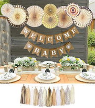 Load image into Gallery viewer, YARA Baby Shower Decorations Neutral | Woodland Rustic Boho Theme Oh Baby Decoration for Girl &amp; Boy, Gender Reveal &amp; Birthdays | Burlap Welcome Baby Banner, Gold &amp; Cream Decor Paper Fans &amp; Tassels
