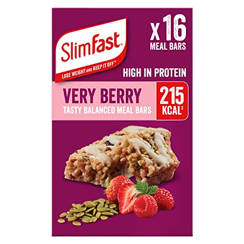 SlimFast Tasty Balanced Meal Bar, 23 Vitamins and Minerals, High in Protein, Very Berry Flavour, 16 x 60 g Multipack