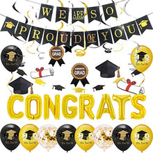 Load image into Gallery viewer, Graduation Party Decorations 2022 Black and Gold Graduation Congrats Balloons We are So Proud of You Banner Graduation Cap Garland Hanging Swirls Confetti Congratulations Balloons Grad Party Supplies
