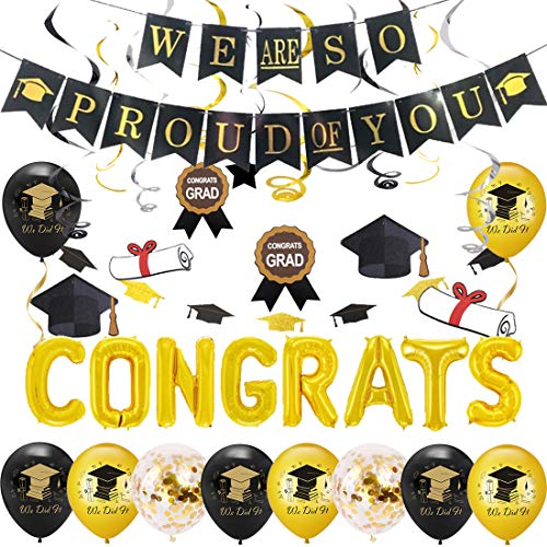 Graduation Party Decorations 2022 Black and Gold Graduation Congrats Balloons We are So Proud of You Banner Graduation Cap Garland Hanging Swirls Confetti Congratulations Balloons Grad Party Supplies