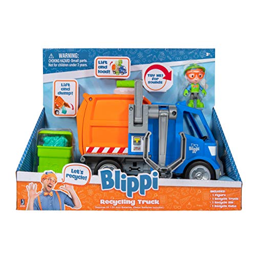 Blippi BLP0035 Truck with Working Lever and Classic Figure Inside, Sing Along Catchphrases-Educational Toys Encouraging Kids to Reduce, Reuse and Recycle, Blue