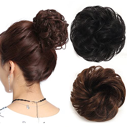Scrunchy Hair Bun Extensions Messy Curly Hair Scrunchies Hairpieces Synthetic Donut Updo Hair Pieces Wavy Curly Wigs for Women Girls (Dark color)