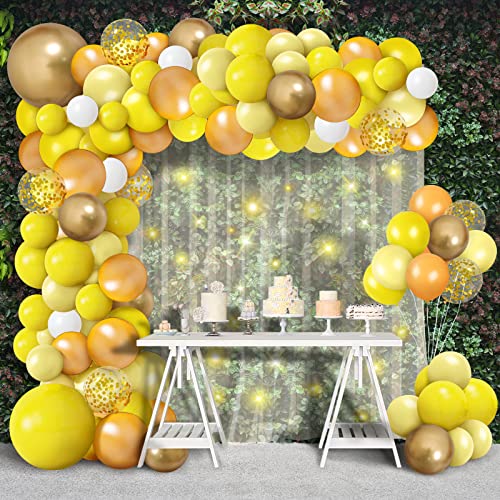 Teselife 102pcs Yellow Balloons Garland Arch Kit Lemon Yellow Balloon with Metallic Gold Confetti Balloons Yellow White Balloon Garland Birthday Decoration for Baby Shower Bee Theme Party Supplies