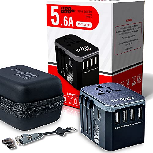 HulGO Volt Worldwide-Travel-Adapter, Universal-Plug Adaptor For Multiple Devices - 4 USB Ports with 5.6A Fast Charging - 1 Type C 3.0A Charger, International-Power-Adapters All In One