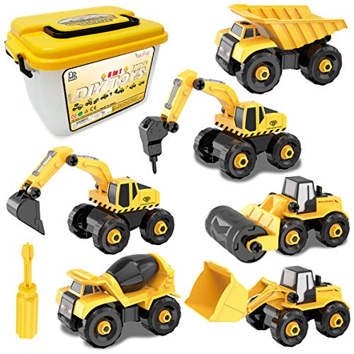 Vanplay Take-Apart Construction Vehicles Excavators Truck Toy with Storage Box, 6 in 1 DIY Building Educational Gift Toys for Boys Girls Age 3 4 5