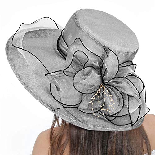 Ladies Women Organza Hat Wedding Hat Sun Hat Church Cap Ascot Hat Race Hat Elegant Fascinator Hat Beading for Evening Party Prom Travel Holiday Beach Foldable Grey