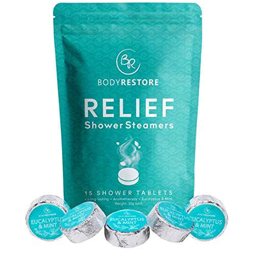 BodyRestore Shower Steamers (Pack of 15) Gifts for Women and Men - Eucalyptus & Peppermint Essential Oil Scented Aromatherapy Bath Bomb for Your Shower, Nasal Congestion Relief Shower Tablets