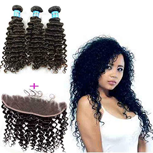 Queengirl Curly Indian Hair Bundles With Frontal 13x4 Deep Wave Virgin Human Hair Weaving Weft 3Bundles Free Part Lace Frontal Natural Color(24 26 28inch+frontal 18inch)
