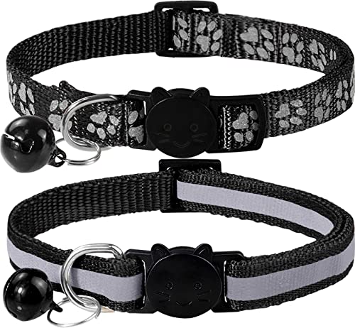 Taglory Reflective Cat Collar with Bell and Safety Release, 2-Pack Girl Boy Pet Kitten Collars Adjustable 19-32cm Black