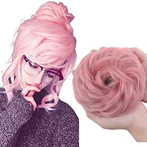Messy Hair Bun Hair Scrunchies Extension Real Thicken Curly Wavy Messy Synthetic Chignon for Women Updo Hairpiece 48g With Elastic Rubber Band Dark Pink