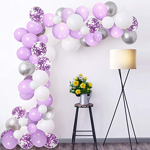 Balloon Arch Kit Pastel Purple White Silver Confetti Helium Latex Balloons Garland Pack 102 pcs with 16ft Tape Stripe & Glue Dots for Girls Wedding Birthday Baby Shower Graduation Party Decorations