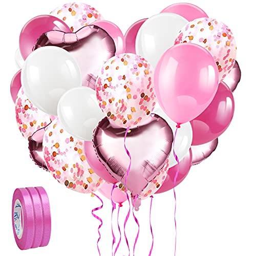HOWAF 60pcs Pink Balloon Set, Foil Balloons Set with Pink Confetti Balloons & Ribbons for Birthday Party, Wedding, Girls Baby Shower Party, Festival Decorations, Business Event