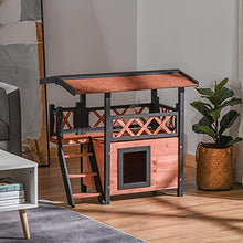 Load image into Gallery viewer, PawHut Wooden Cat House Outdoor Luxury Room Weatherproof Shelter with Balcony and Stair Puppy Garden Large Kennel Brown
