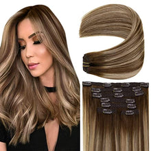 Load image into Gallery viewer, Vivien Human Hair Clip in Extensions Balayage Chocolate Brown Fading to Caramel Blonde Clip in Real Human Hair Extensions 16 Inch 7pcs/120g Silk Straight Blonde Clip in Hair Extensions

