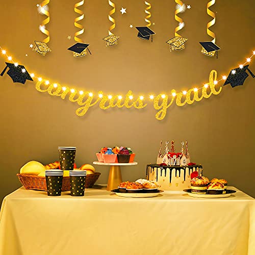 Congrats Grad Banner Gold and Black, Congrats Grad Glittery Banner with 8 Modes LED String Lights Gold Graduation Party Decorations 2022 Congratulations Grad Party Decor Supplies