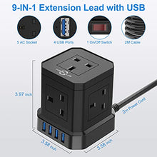 Load image into Gallery viewer, Cube Extension Lead with USB Slots, 5 Way Plug Extension with 4 USB(3.1A), KEPLUG Black Multi Plug Power Strip 2m Extension Cable,3250W/13A UK Power Socket Extension Cord for Desk Home Office Travel
