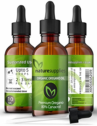 Naturesupplies Wild Oregano Oil Organic Certified 10ml Made in UK, Grown in The Mountains of The Mediterranean, 80 Percent Plus Carvacrol,125-130mg Carvacrol Per Serving, Super Potent Essential Oil