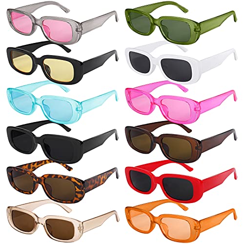 URATOT 12 Pack Small Rectangle Sunglasses Women Retro Glasses Vintage Square Eyewear Wide Frame Sunglasses with Storage Bag