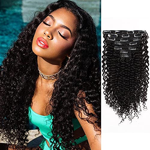 AmazingBeauty Double Weft Clip In Human Hair Extensions 3B 3C Afro Jerry Curl 8A Grade Thick 100% Remy Hair Natural Black 10-22inch 7 Pieces with 18 Clips 120g/4.2oz per Set Fit For Full Head 22 inch