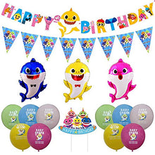 Load image into Gallery viewer, Party Squad shark party theme happy birthday decoration set birthday banner balloons with shark family helium balloons cake topper and bunting banner for kid’s birthday decoration girls and boys

