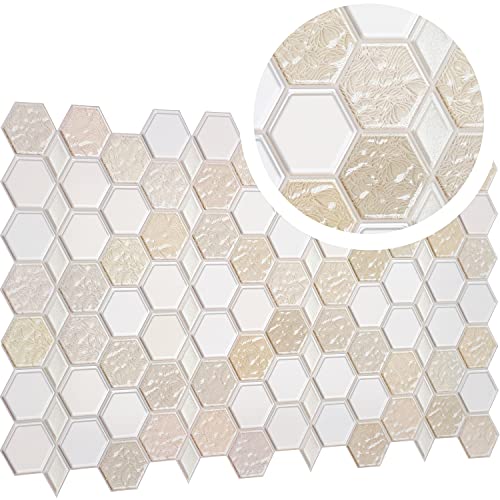 Modern 3D Honeycomb Hexagon Tile Effect Wall Panels with Glitter - Set 16 Panels - 9.92 sqm | 107.36 Sqf - Interior Kitchen Splashback and Bathroom PVC Plastic Cladding Sheets in Beige Cream Caramel