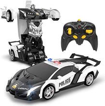 Load image into Gallery viewer, DEERC Remote Control Car,Transform Police Toy Cars,1:18 Scale Deformation RC Robot Vehicle with One Button Transforming,360 Degree Drifting,LED Lights,Great Toys Gift for Kids Boys &amp; Girls
