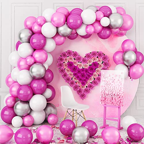Pink Balloon Arch Kit, Rose Red White Balloons Garland 85PCS Latex Birthday Party Decorations, with Metallic Silver Balloons & Glue Dots for Boys Girls Wedding Engagement Baby Shower Party Supplies