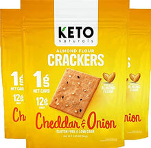 Load image into Gallery viewer, Keto Crackers (Cheddar &amp; Onion), Low carb Crackers, Keto Snacks, Low carb Snack. No Added Sugar, high Fibre &amp; Gluten Free (3 x 64g Packs). Almond Flour Crackers, Keto Snacks no Carbs no Sugar, Paleo
