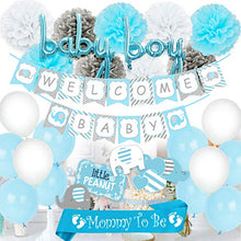 Load image into Gallery viewer, Elephant Baby Shower Decorations Boy, Welcome Baby Banner Bunting, Foil Letter Balloon Blue, MOMMY TO BE Sash, Elephants Cake Toppers, Pom Poms for Elephant Baby Shower Party Supplies
