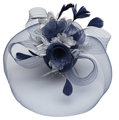 Feather Flower Fascinator Hat Veil Net Hair Clip Ascot Derby Races Wedding (Navy and Silver)
